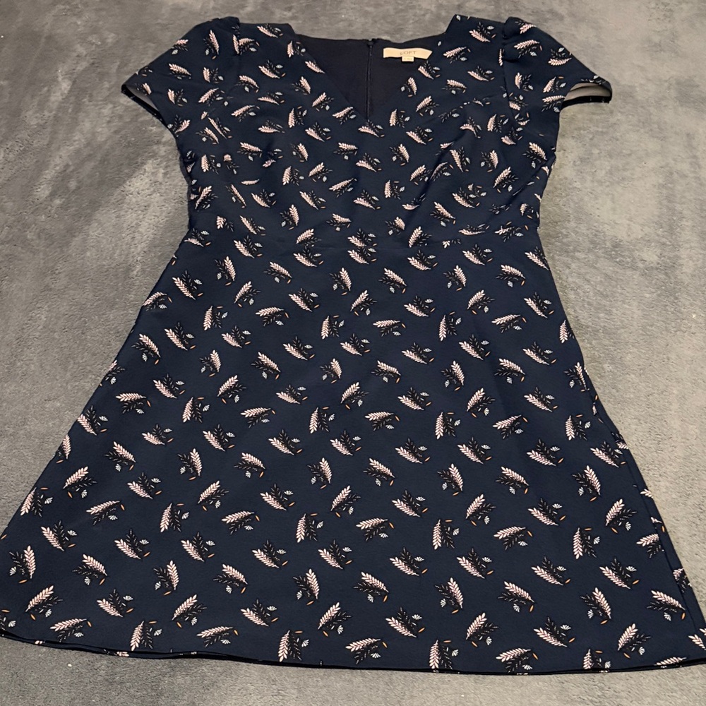 LOFT Navy Dress with Pink Feather Design - Picture 1 of 5